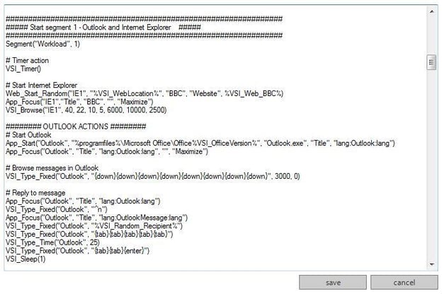 An excerpt from the Login VSI script showing IE and Outlook actions